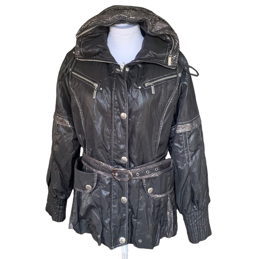 Vintage Y2K Black Nylon Moto Style Metallic Cyberpunk Hooded Jacket Sz M